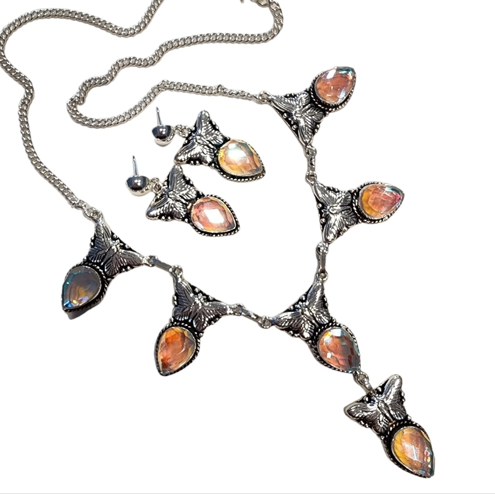 Mystic quartz butterfly necklace + earrings